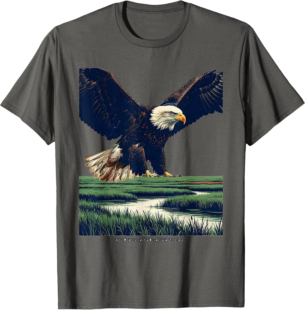 Men's Bald Eagle Above The Marsh Screenprint Patriotic Wildlife T-Shirt - Asphalt Grey
