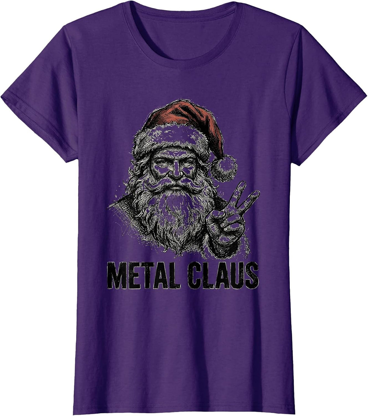Women's Metal Claus Hand Sketched Heavy Metal Rock Santa Christmas T-Shirt - Purple