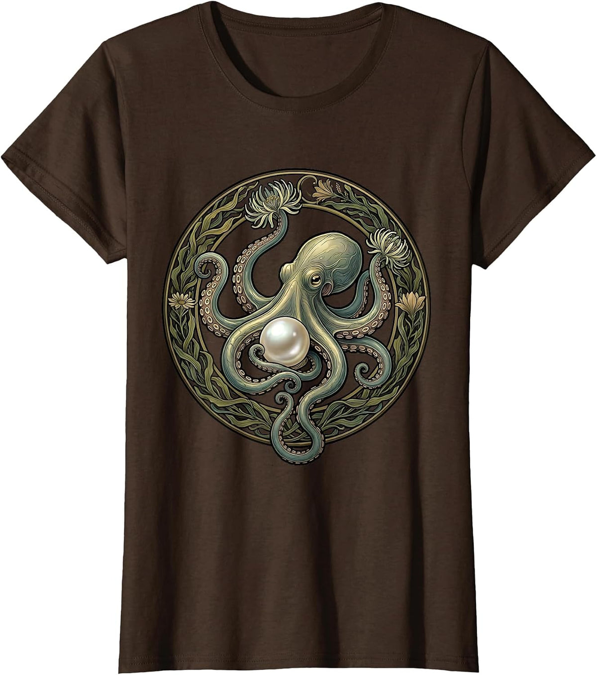 Women's Octopus and Pearl Lustrous Ocean Illustration T-Shirt - Brown
