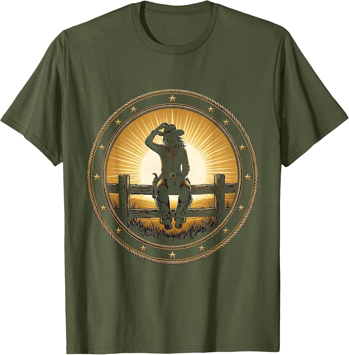 Cowgirl Sitting on Fence Watching Sunrise T-Shirt - Olive Green