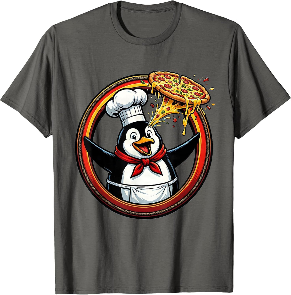 Men's Penguin Chef Tossing Pizza Graphic Design T-Shirt - Asphalt Grey