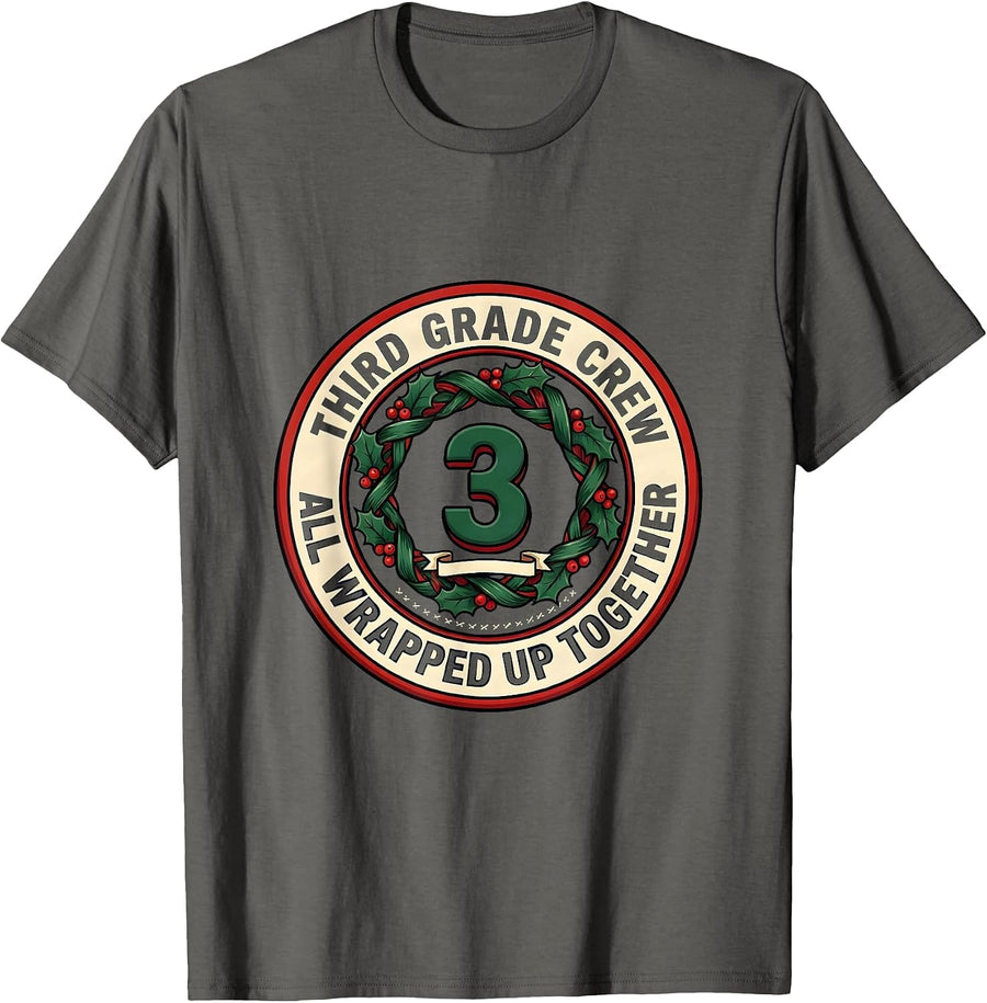 Third Grade Crew, All Wrapped Up Together Teacher Christmas T-Shirt - Asphalt Grey