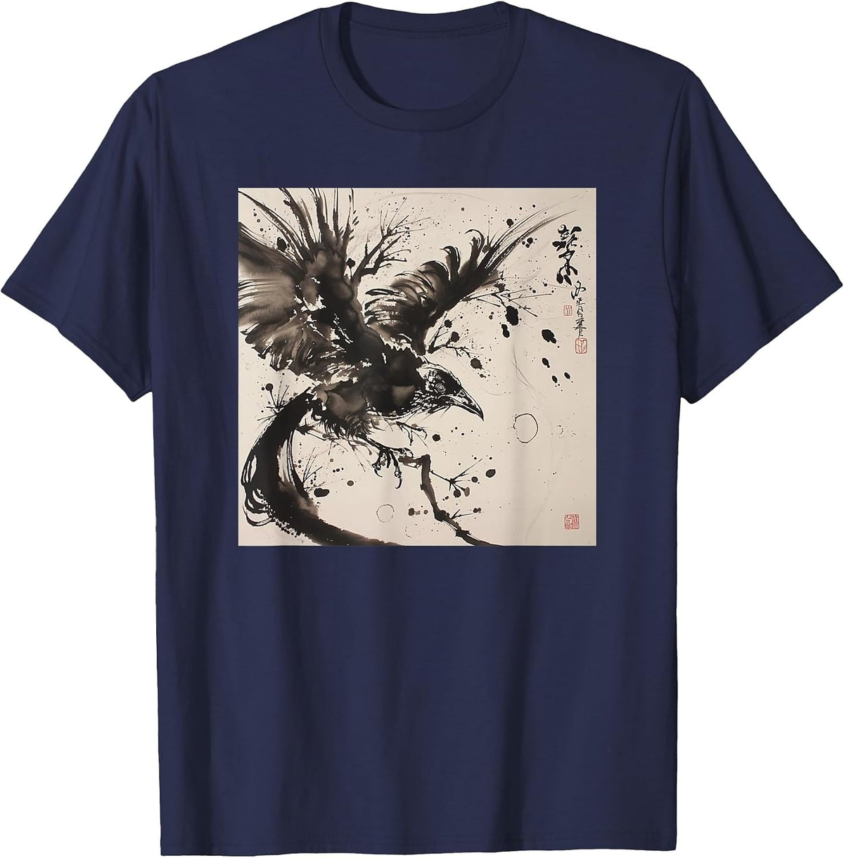 Japanese Ink Art Crow- Raven Ink Art Graphic T-Shirt - Navy Blue