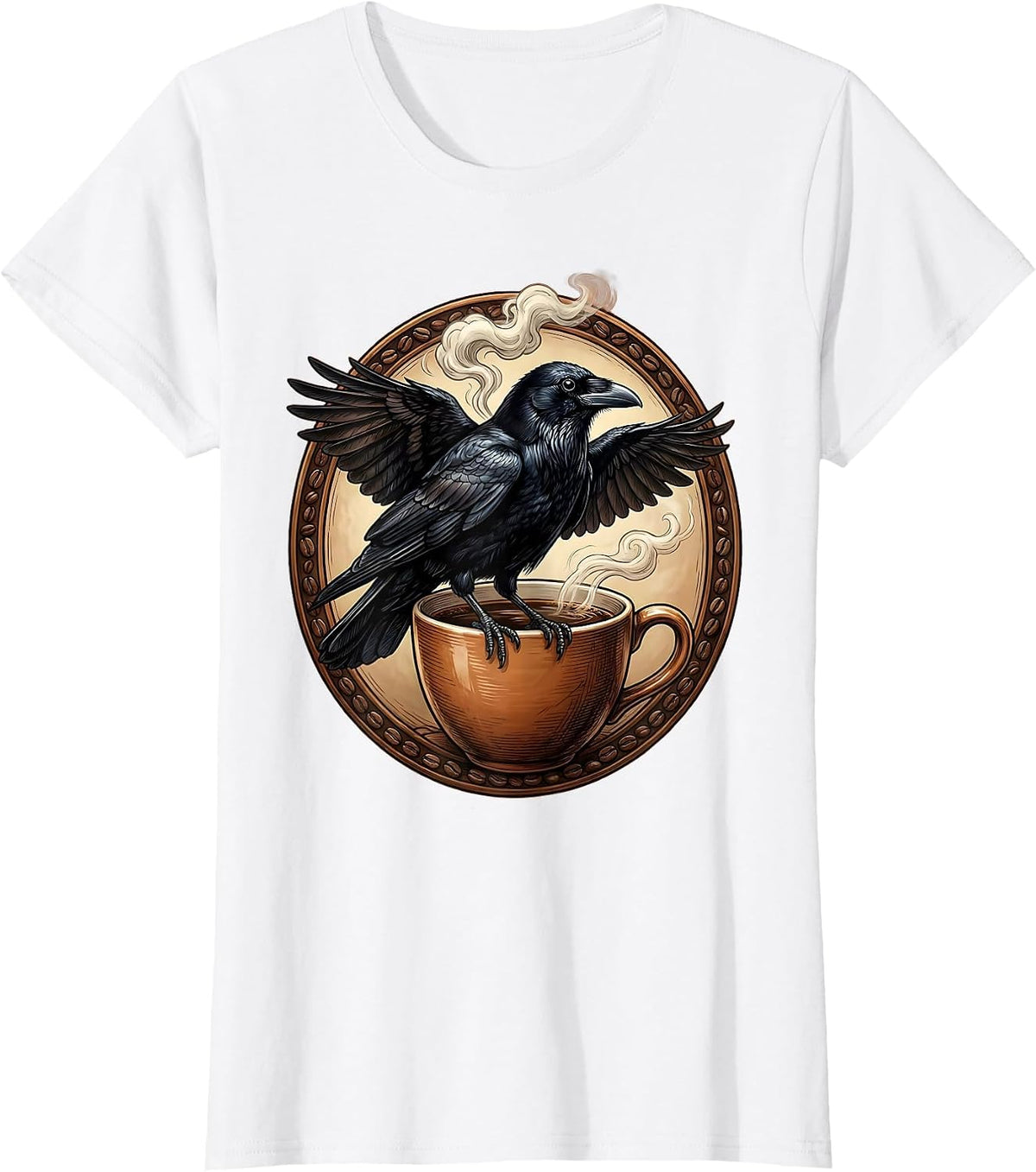 Women's Crow Perched on Steaming Coffee Mug Illustration T-Shirt - White