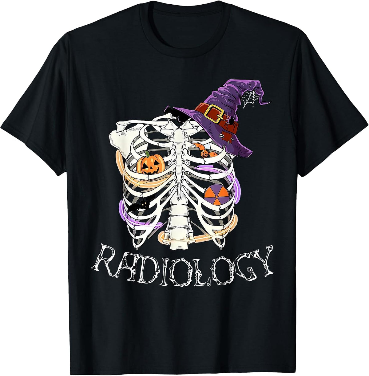 Skeleton Heart Radiology Halloween Witch Hat Radiologist T-Shirt - Black