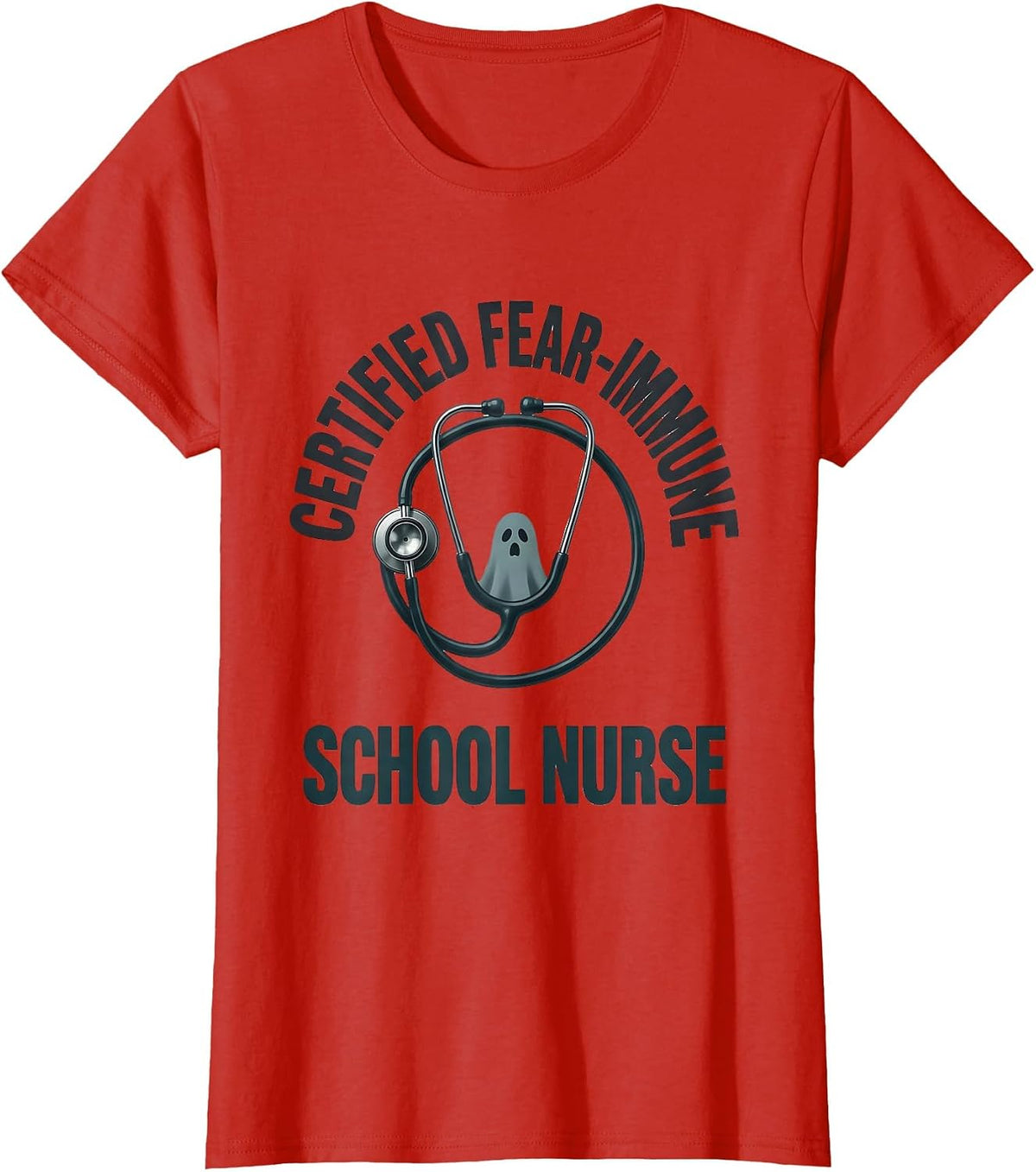 Certified Fear-Immune: School Nurse Minimalist Halloween T-Shirt - Red