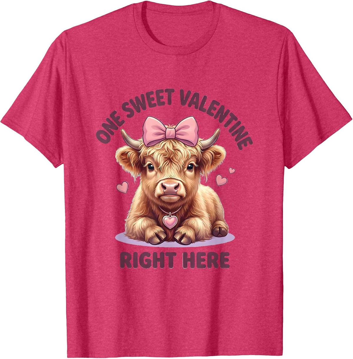 One Sweet Valentine Right Here Cute Kawaii Highland Cow T-Shirt - Red Heather