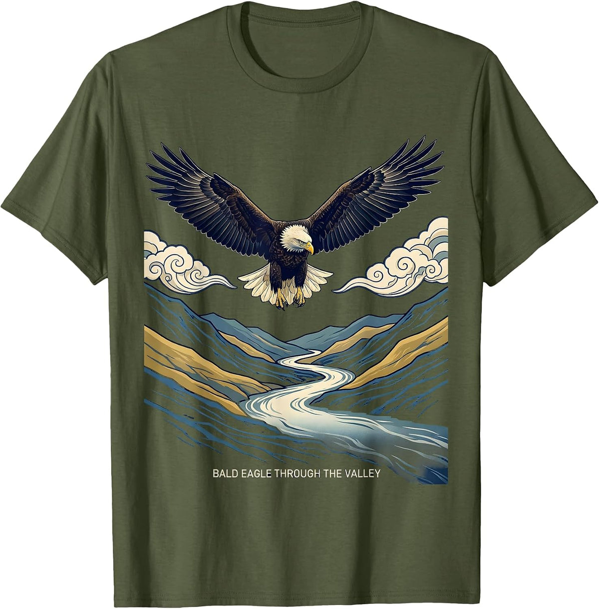 Bald Eagle Through The Valley Ukiyo-e Wildlife Nature Lover T-Shirt - Olive Green