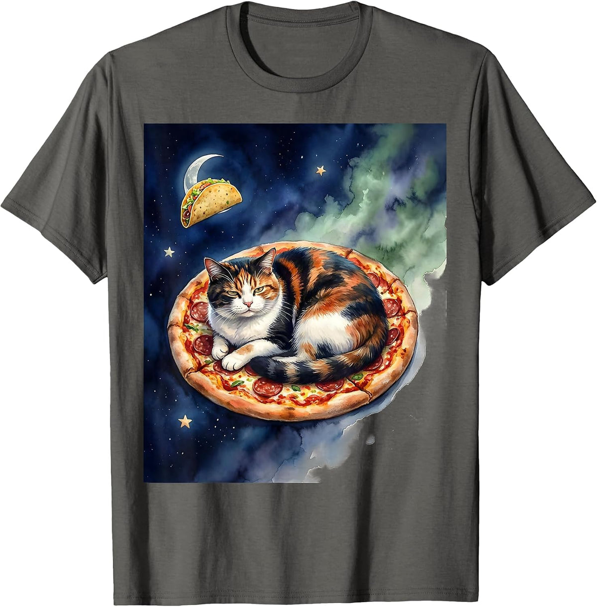 Men's Space Cat Pizza Taco Watercolor Meme Gift T-Shirt - Asphalt Grey