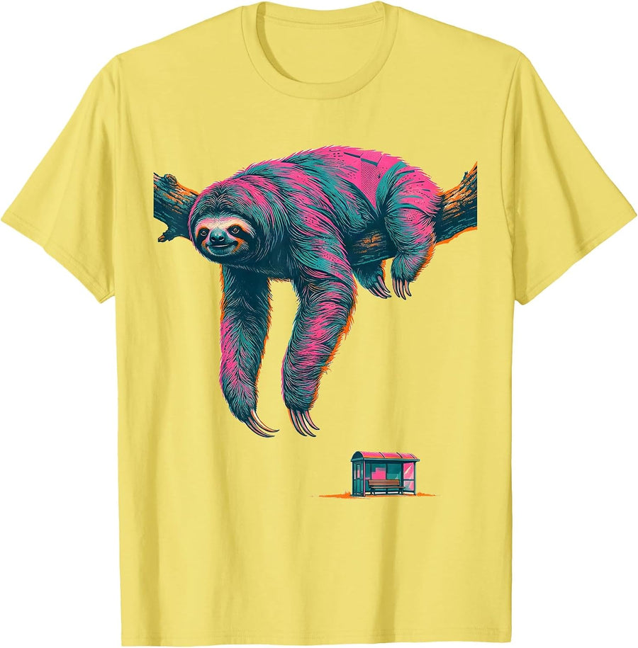 Men's Cropped Sloth Hanging Deadpan Lazy Humor Gift T-Shirt - Lemon Yellow