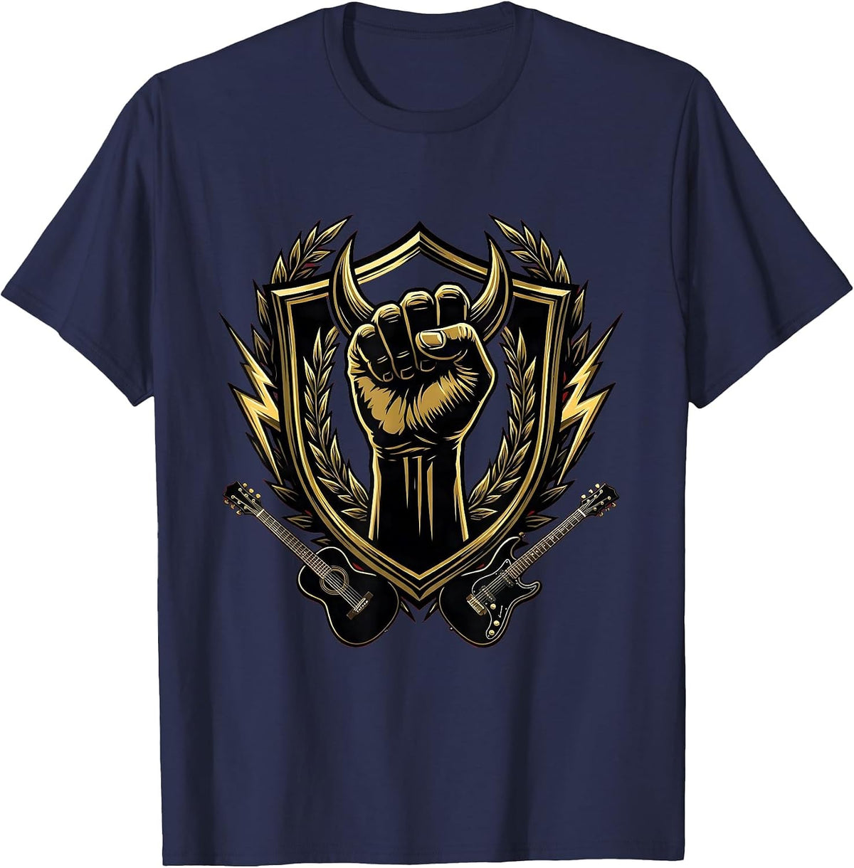Devil Horns Hand Sign Rock On Graphic T-Shirt - Navy Blue