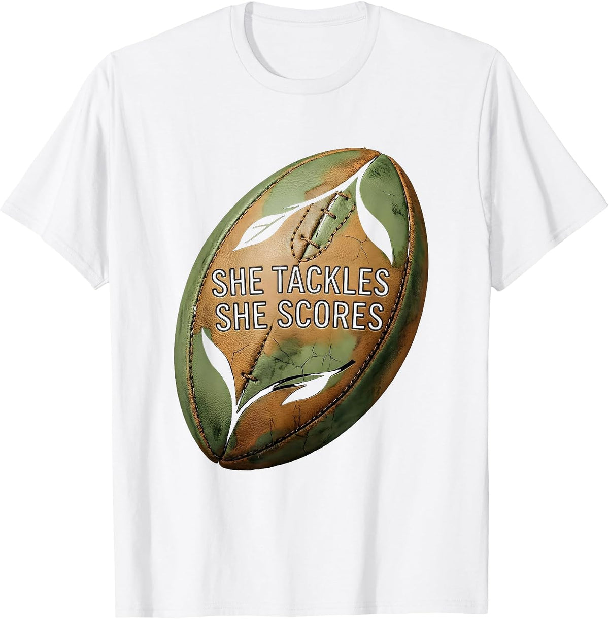 She Tackles She Scores Rugby Graphic Design T-Shirt - White