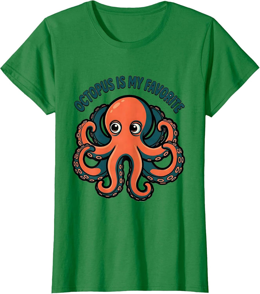 Women's Octopus Is My Favorite Cartoon Sea Creature Humor T-Shirt - Kelly Green