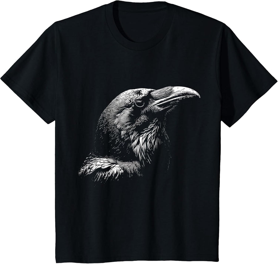 Raven Drawing Bird Art Animal Face Graphic Raven T-Shirt - Black