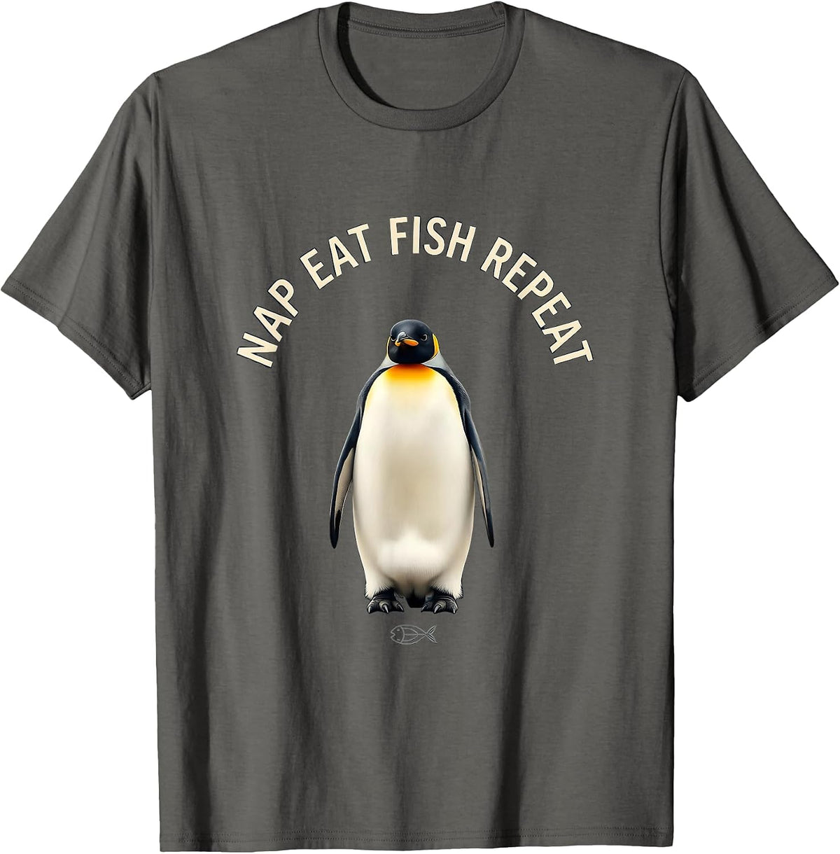 Nap Eat Fish Repeat Funny Penguin Design T-Shirt - Asphalt Grey