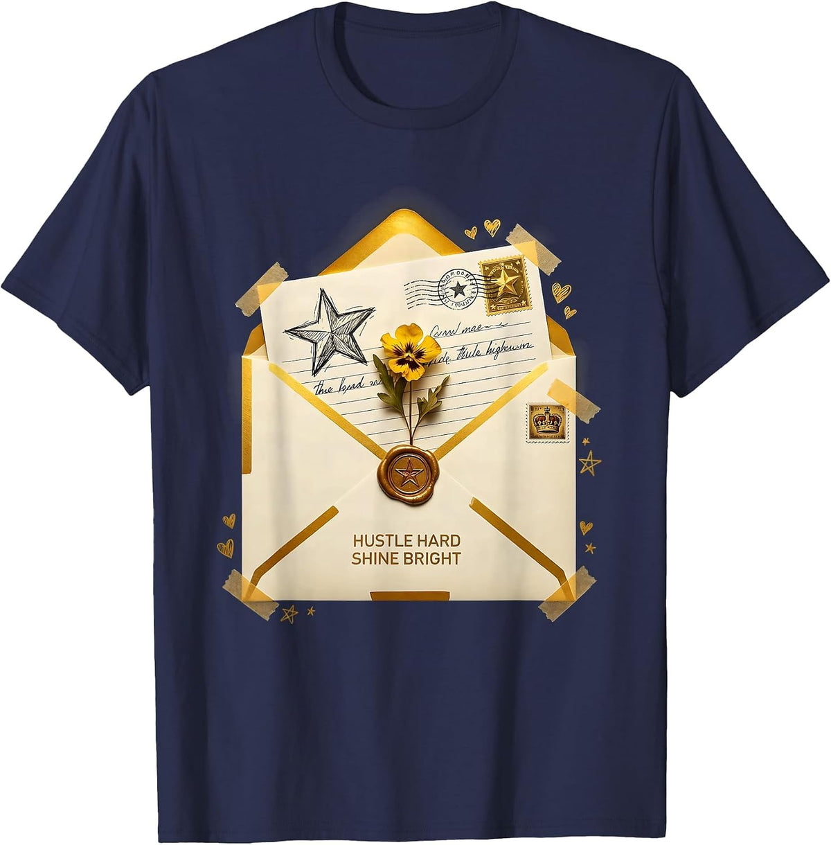 Men's Hustle Hard Shine Bright Black and Gold Design T-Shirt - Navy Blue