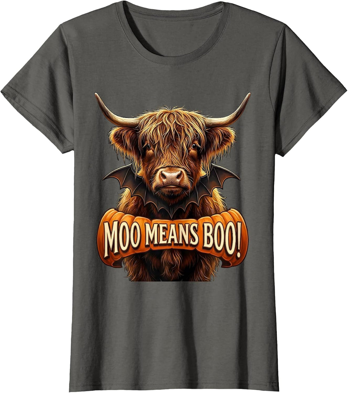 Women's Moo Means Boo! Whimsical Highland Cow Fall Halloween Humor T-Shirt - Asphalt Grey