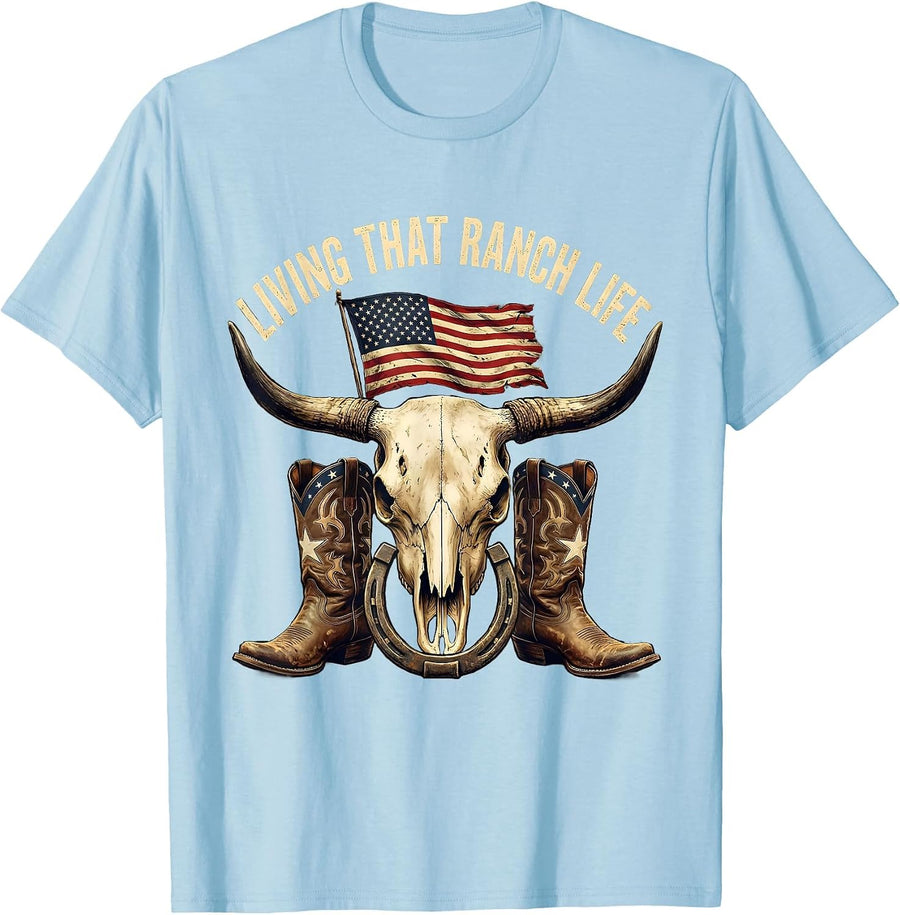 Men's Living That Ranch Life Cowboy Graphic Design T-Shirt - Baby Blue