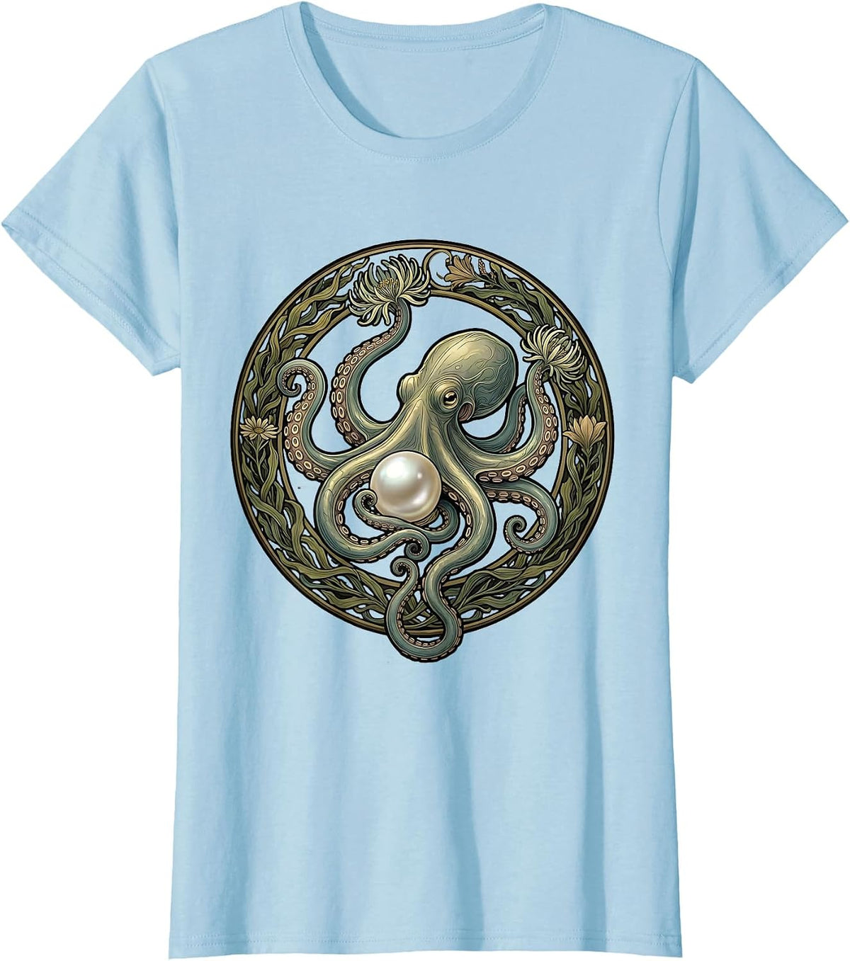 Women's Octopus and Pearl Lustrous Ocean Illustration T-Shirt - Baby Blue
