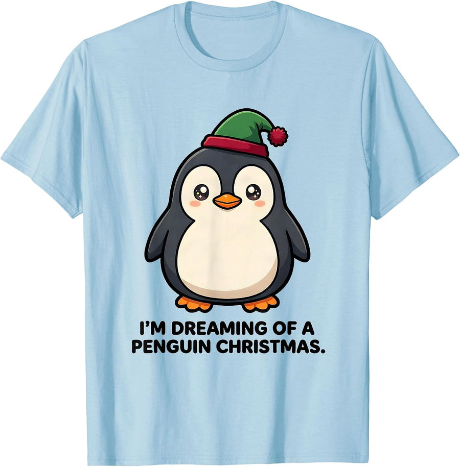 Men's I'm Dreaming Of A Penguin Christmas Cute Kawaii Penguin T-Shirt - Baby Blue