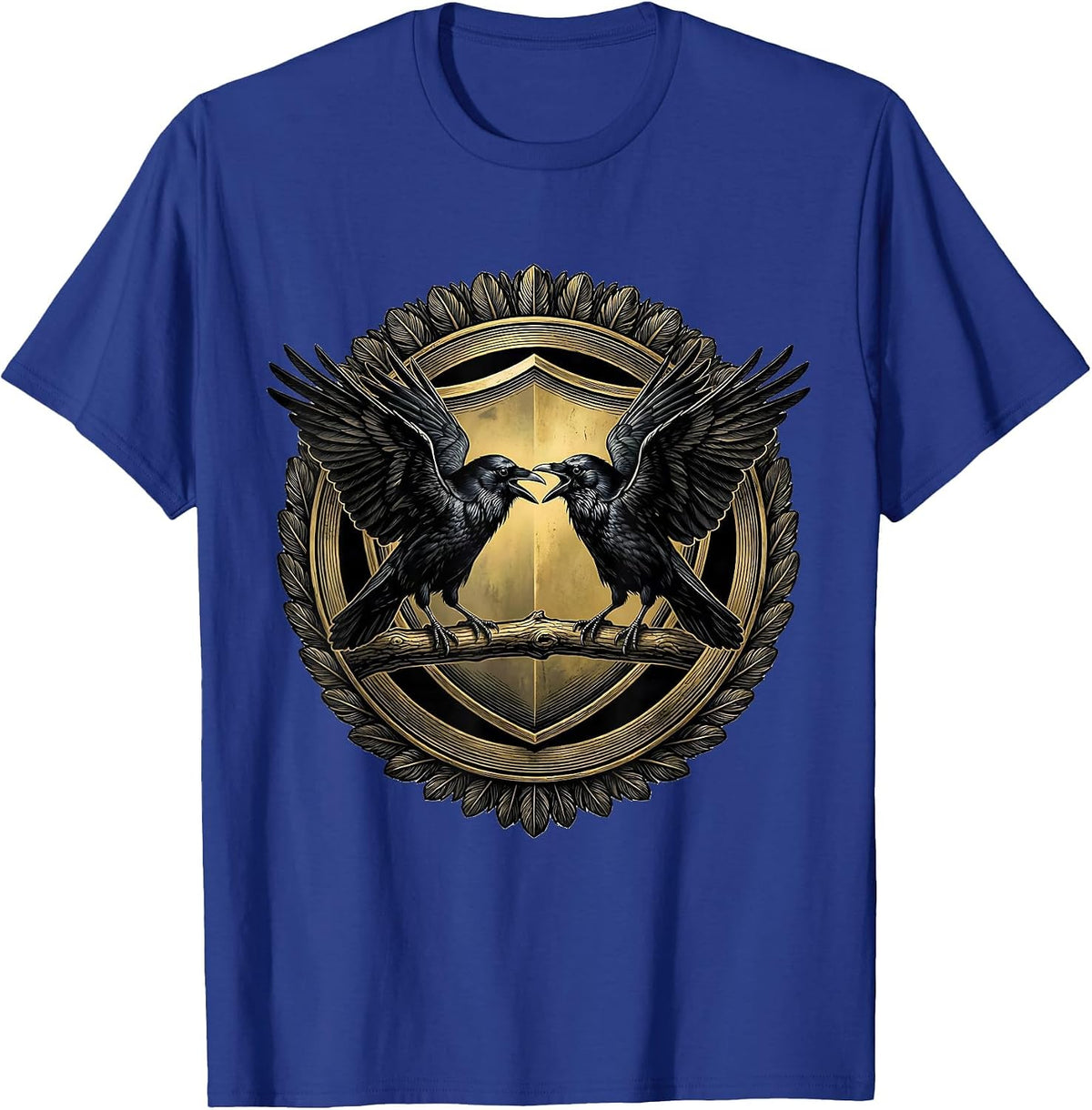 Two Crows Facing Off on a Branch Illustration T-Shirt - Royal Blue