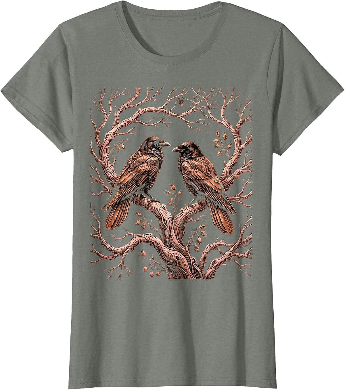 Crows on Bare Winter Tree Branches Illustration T-Shirt - Olive Heather