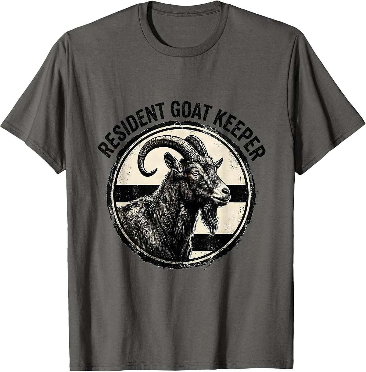Resident Goat Keeper Rubber Stamp Goat Animal Badge Patch T-Shirt - Asphalt Grey