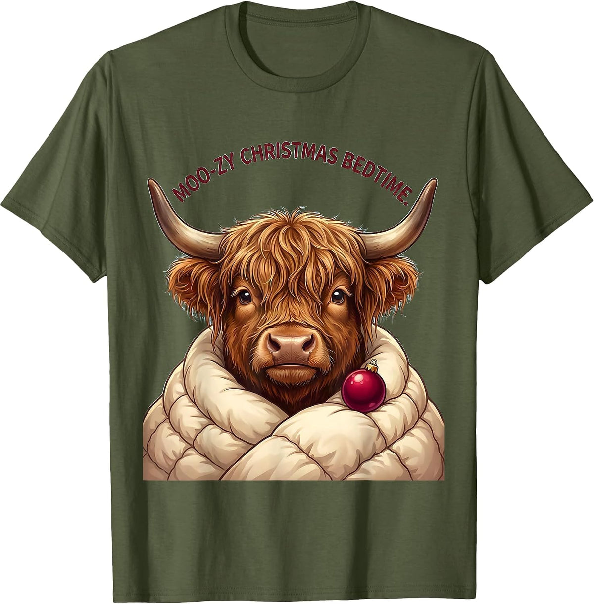 Moo-zy Christmas Bedtime Cute Kawaii Highland Cow Pajama T-Shirt - Olive Green