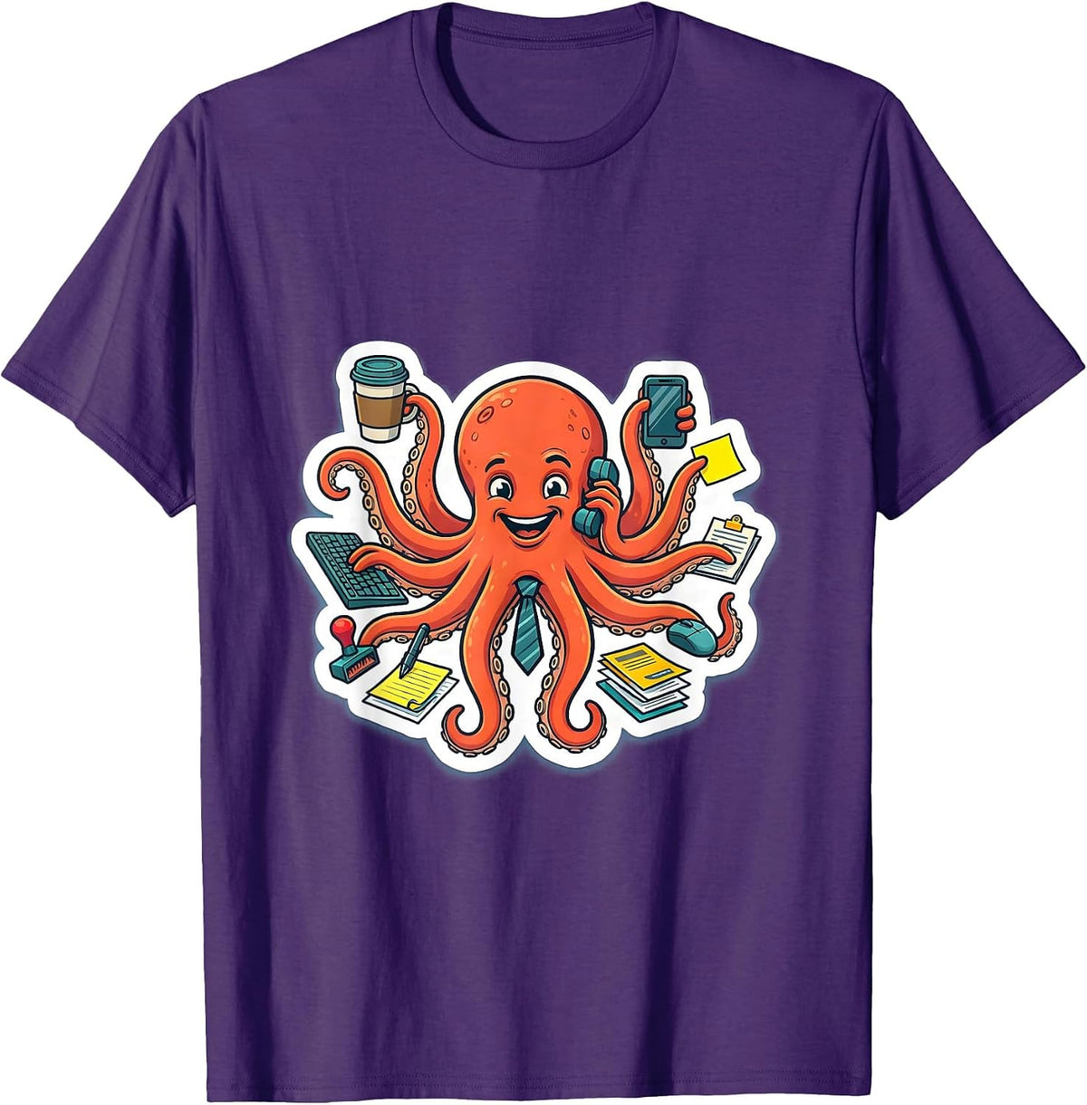 Funny Octopus Multitasking Office Jobs Illustration T-Shirt - Purple