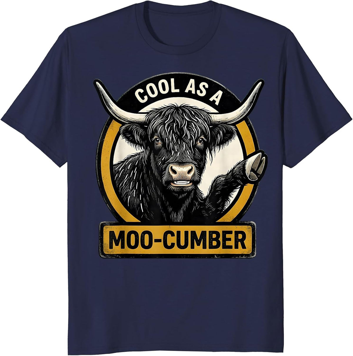 Men's Cool As A Moo-cumber Retro Cartoon Highland Cow Humor T-Shirt - Navy Blue