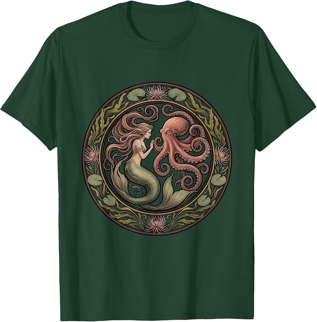 Men's Mermaid and Octopus Ocean Encounter Graphic T-Shirt - Dark Green