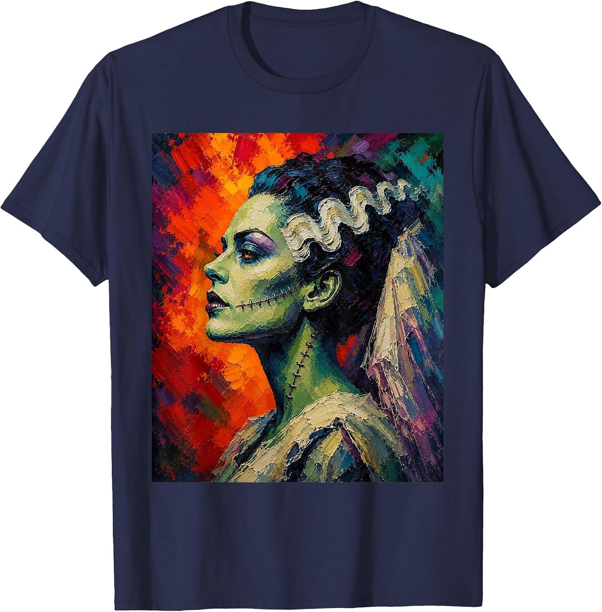 Bride and Frankenstein The Lover Halloween Matching Couple T-Shirt - Navy Blue