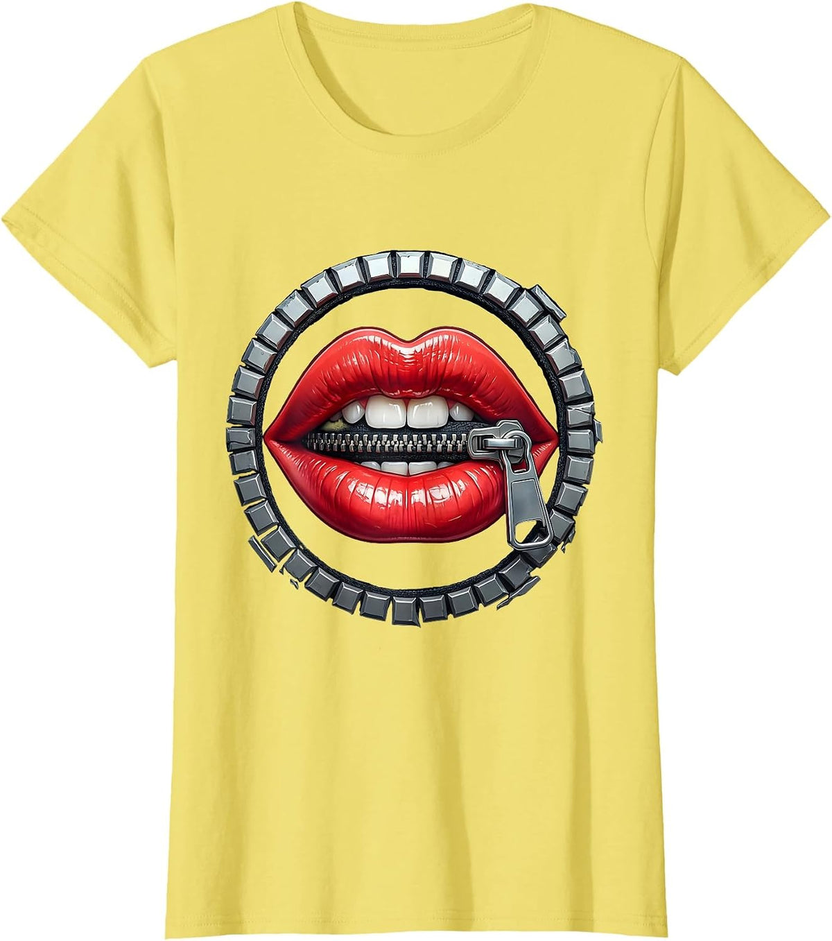 Zipped Mouth Shut Graphic Design T-Shirt - Lemon Yellow