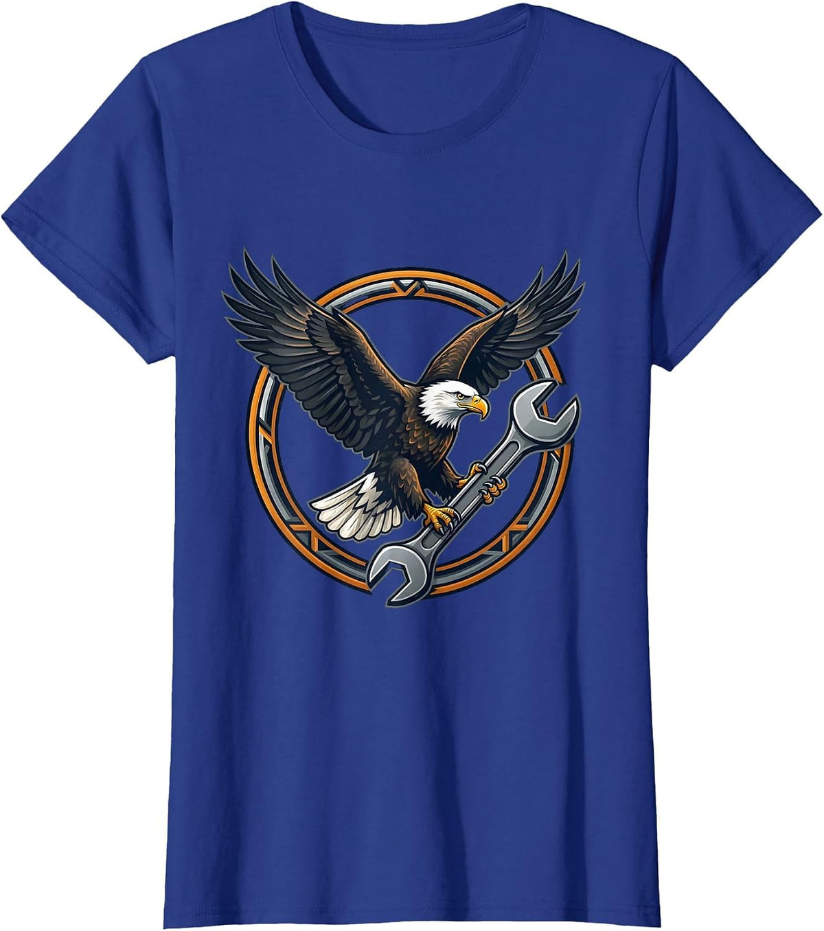 Women's Bald Eagle Carrying Wrench Triumphant Art T-Shirt - Royal Blue