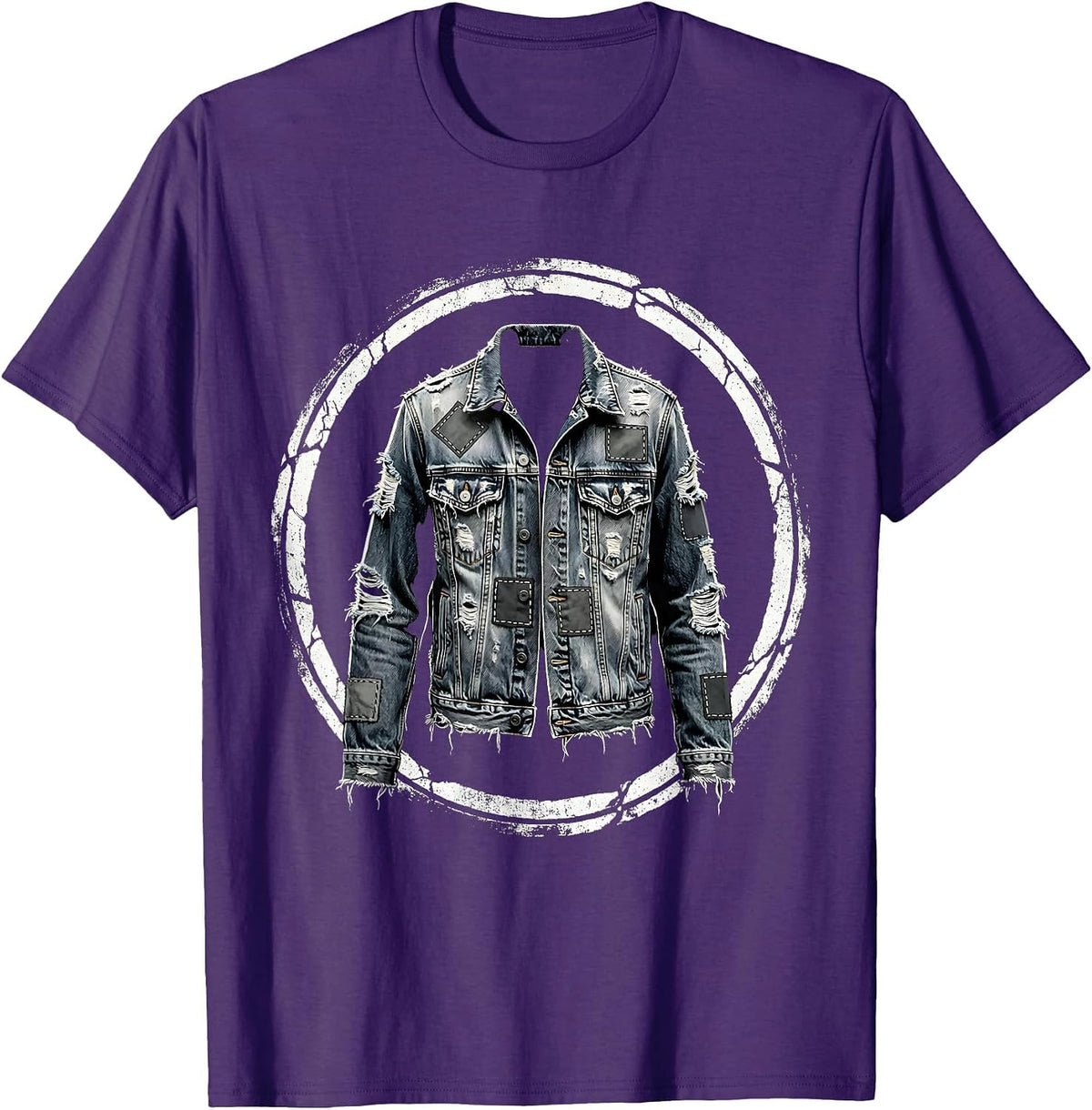 Men's Grunge Patched Denim Jacket Illustration T-Shirt - Purple