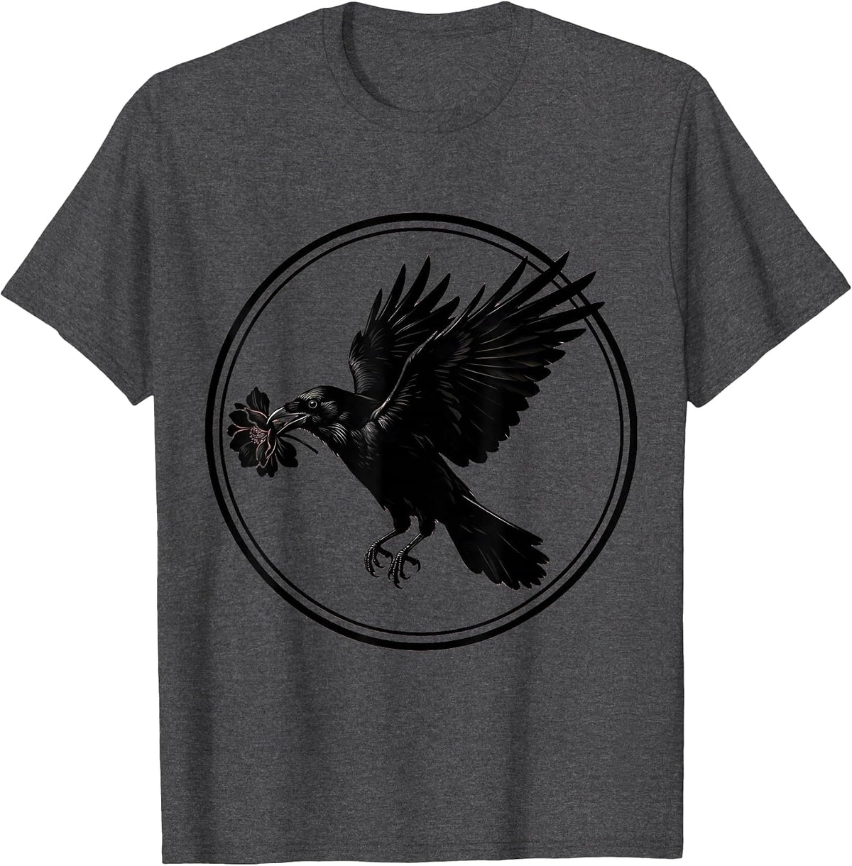 Men's Crow With Flower in Beak Illustration T-Shirt - Dark Heather Grey