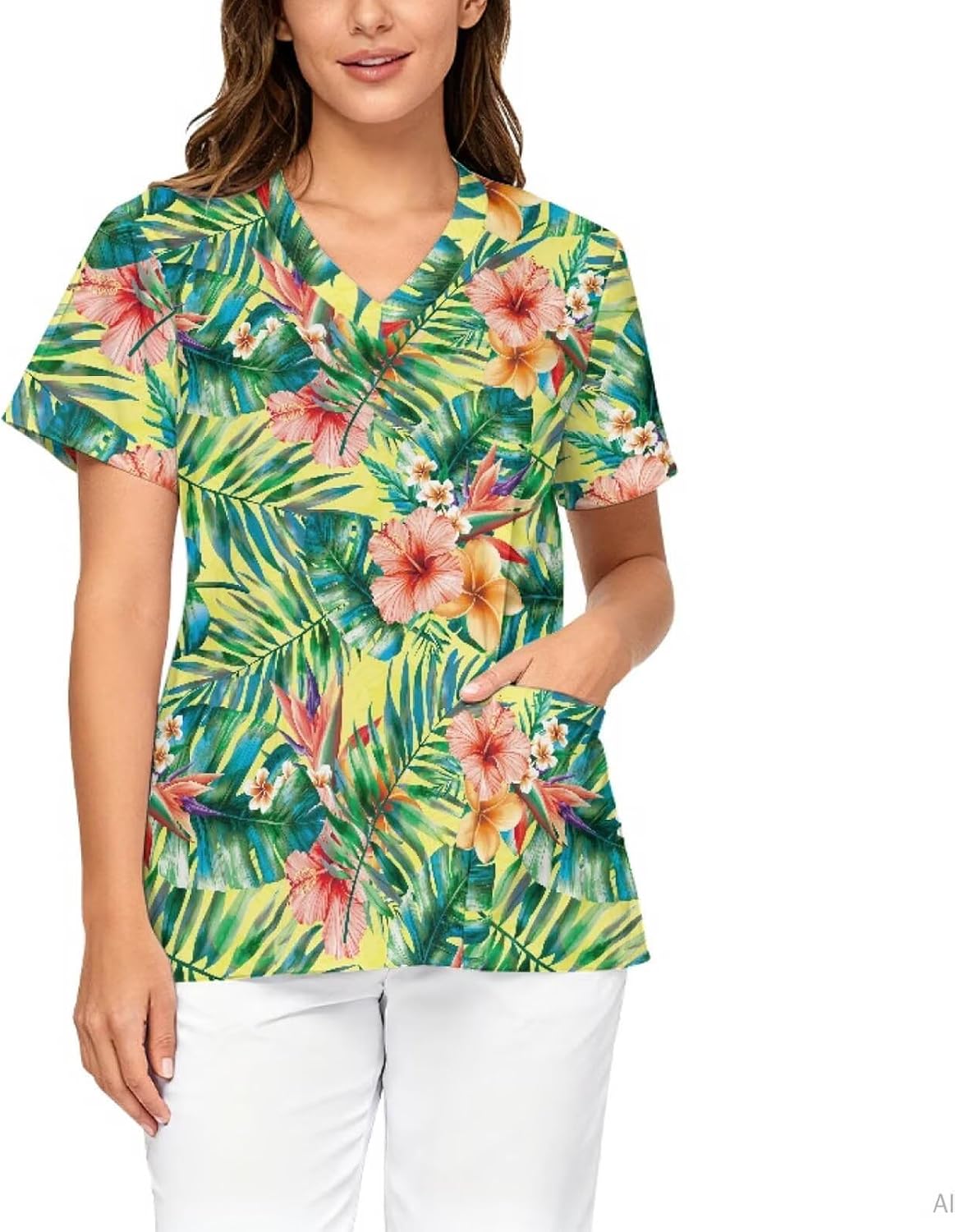 Women Scrub Tops,Short Sleeve V-Neck Medical Nursing Uniforms - Hibiscus & Palm Leaf Print