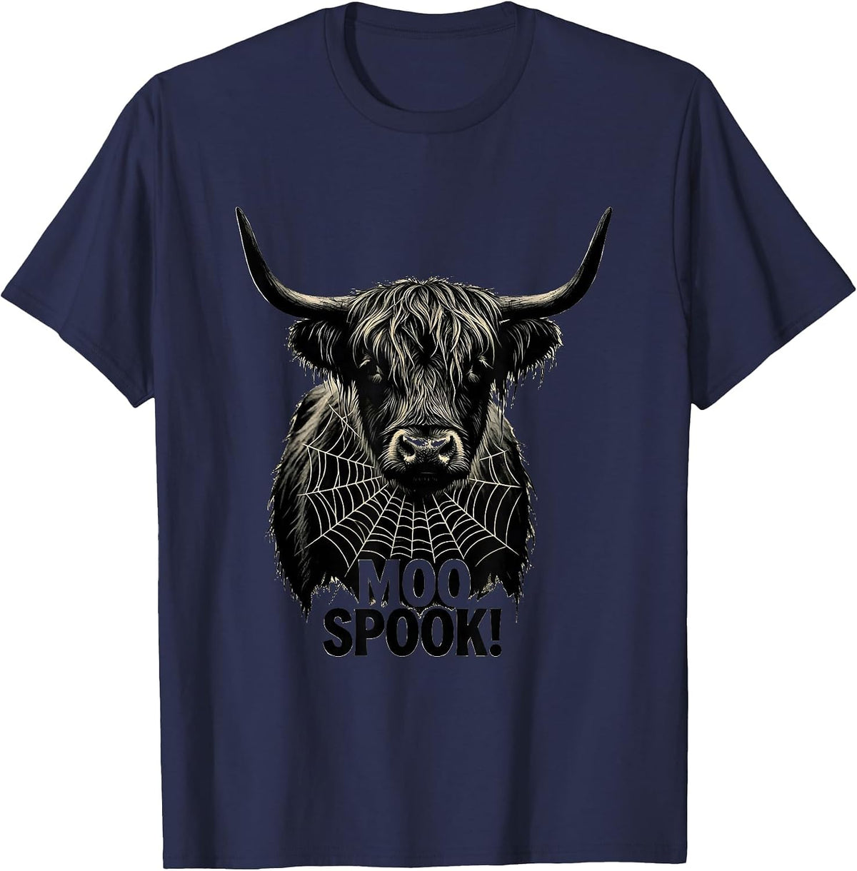 Moo Spook! Whimsical Highland Cow Halloween Humor Novelty T-Shirt - Navy Blue