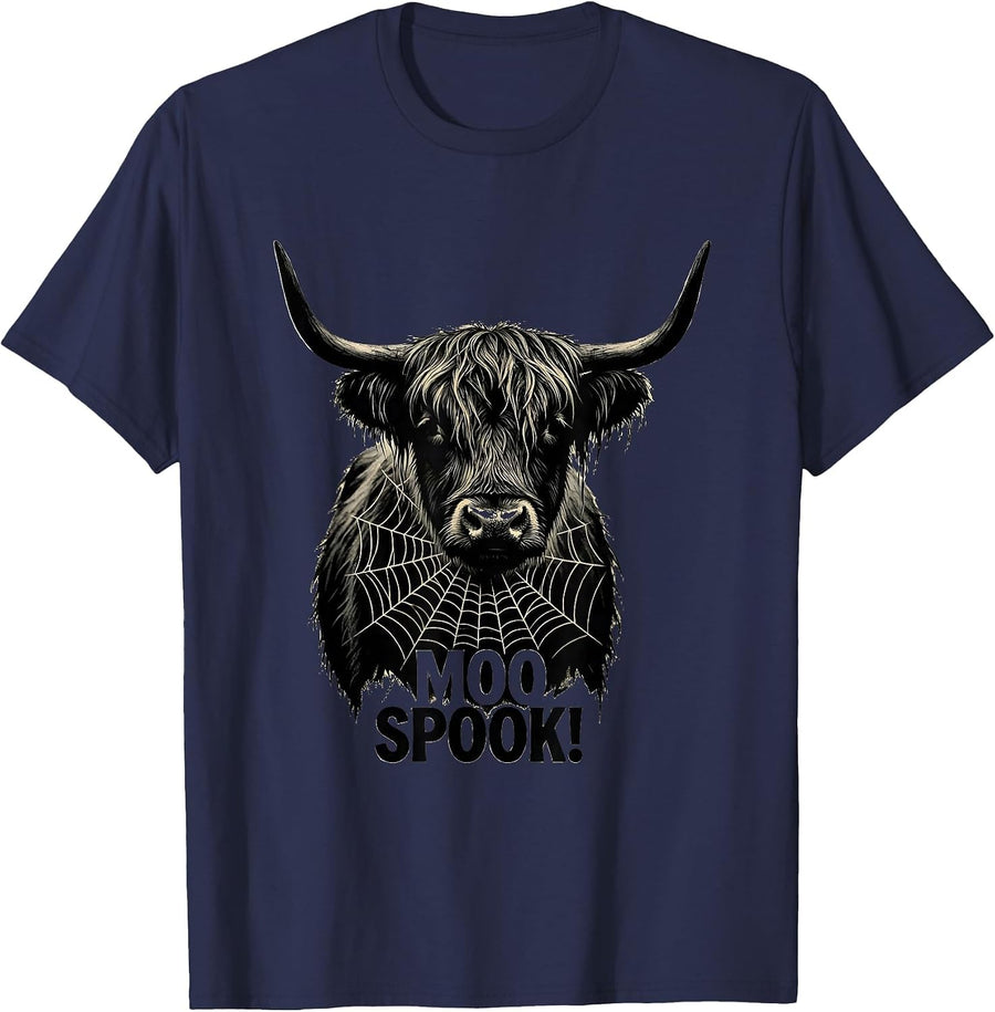 Moo Spook! Whimsical Highland Cow Halloween Humor Novelty T-Shirt - Navy Blue