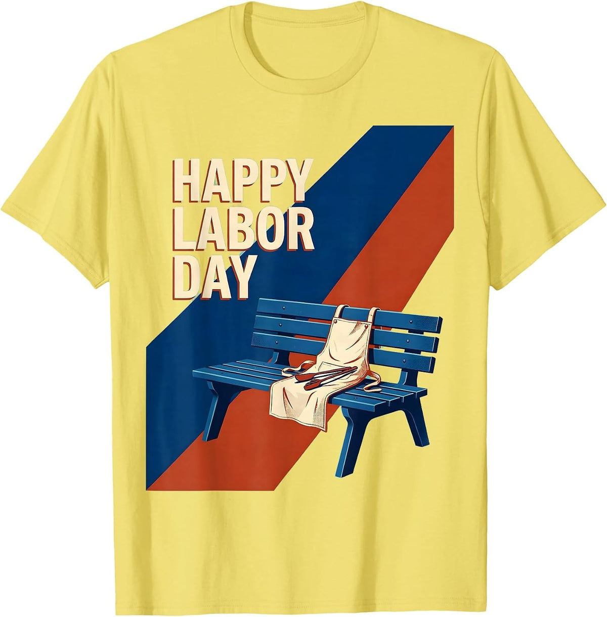 Men's Happy Labor Day Midcentury Modern Picnic Bench Patriotic T-Shirt - Lemon Yellow