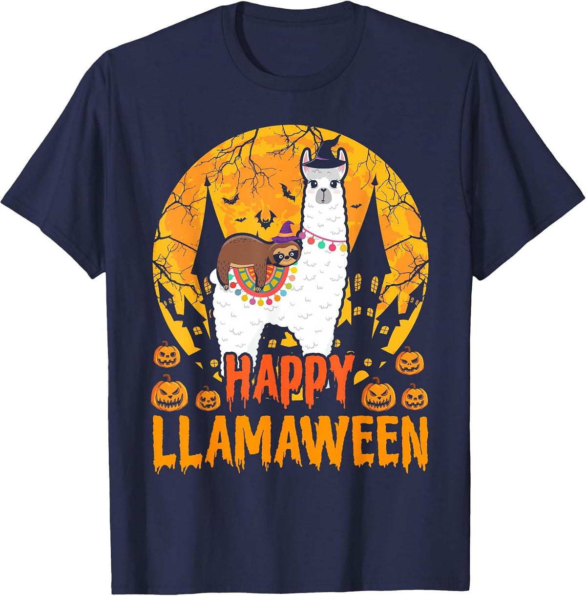 Happy Llamaween Llama Sloth Halloween Costume T-Shirt - Navy Blue