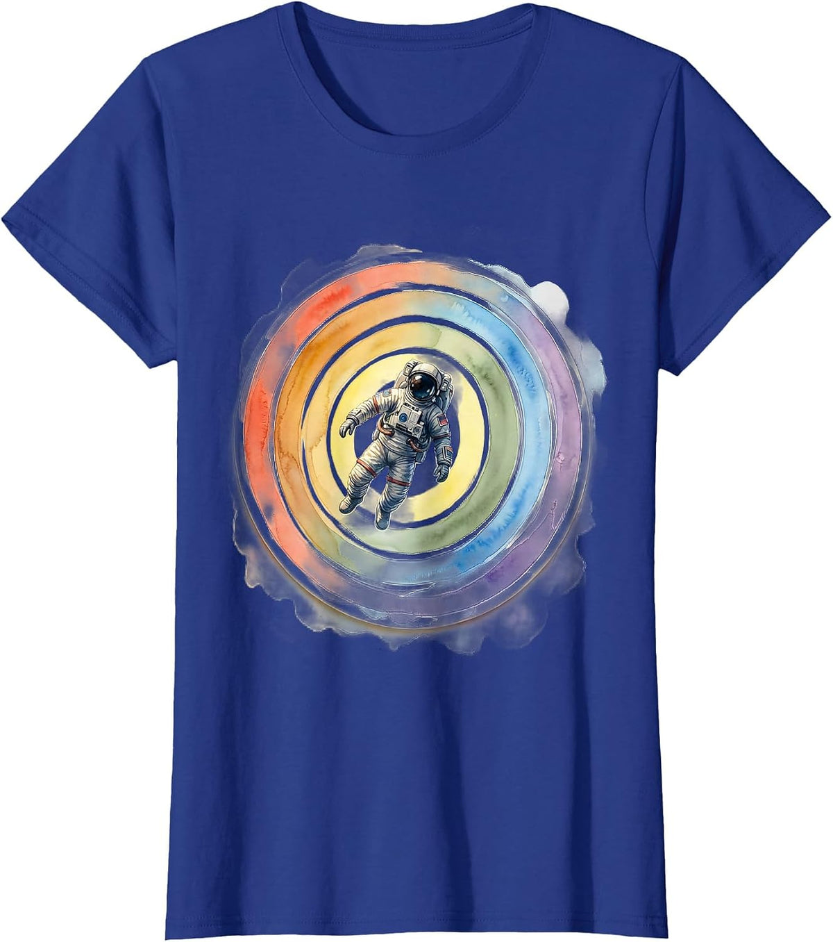Women's Astronaut Floating Through Rainbow Rings T-Shirt - Royal Blue