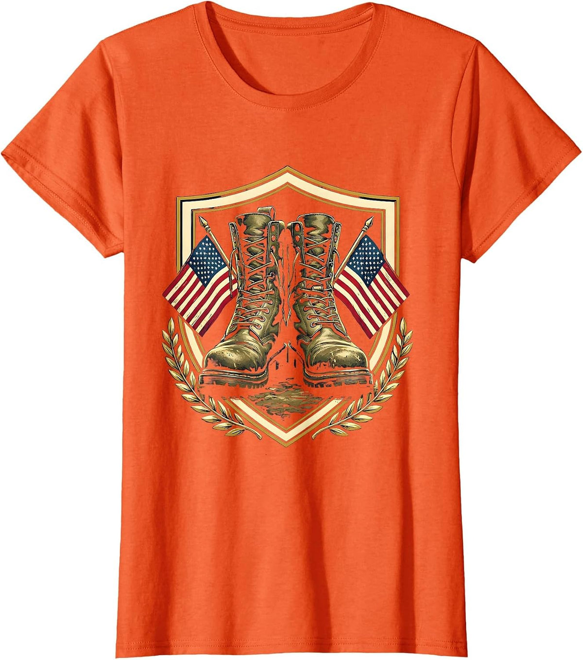 Veteran Weathered Combat Boots Patriotic Graphic T-Shirt - Orange