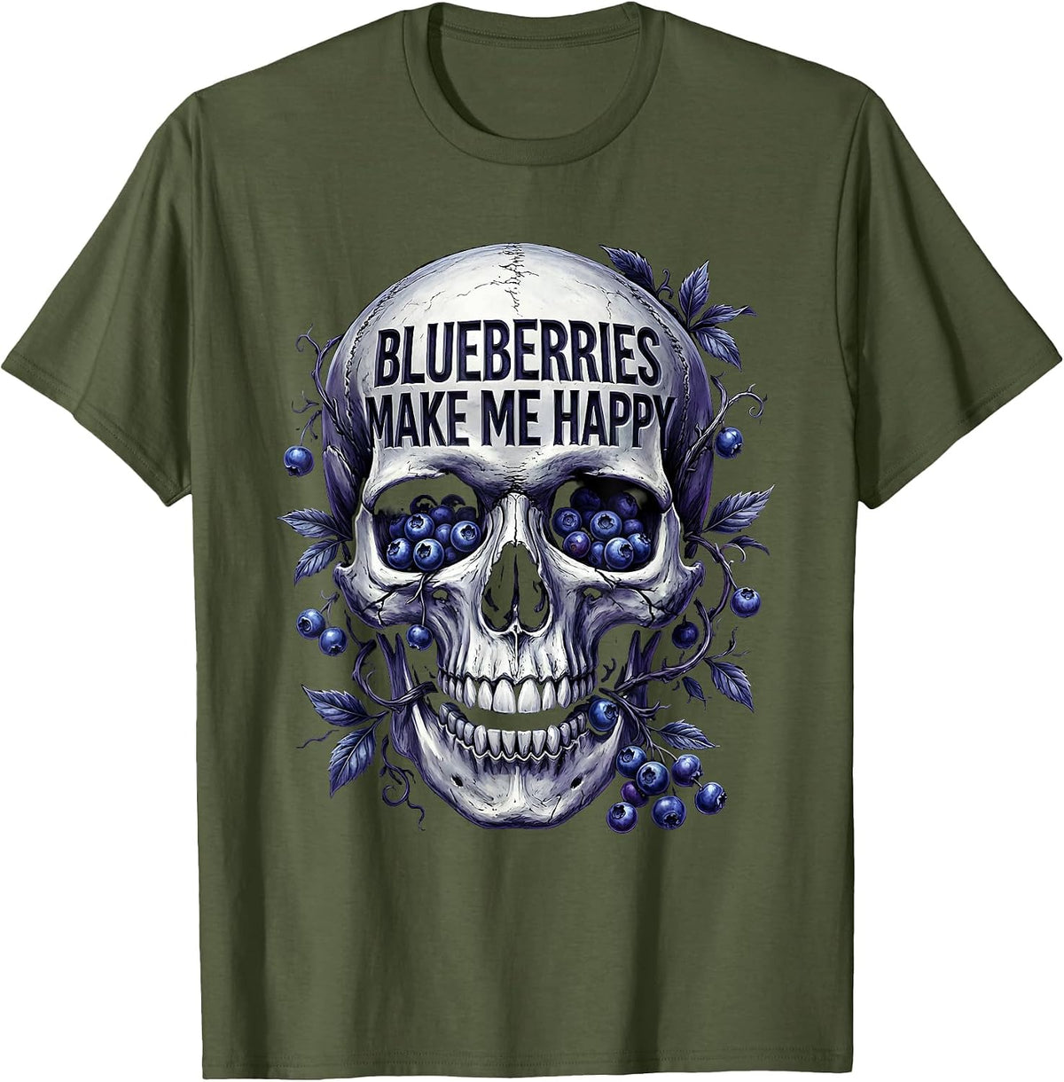 Blueberries Make Me Happy Red White and Blue Design T-Shirt - Olive Green