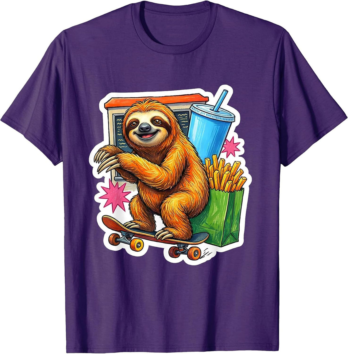 Men's Lazy Sloth Fast Food Drive-Through Skateboard T-Shirt - Purple