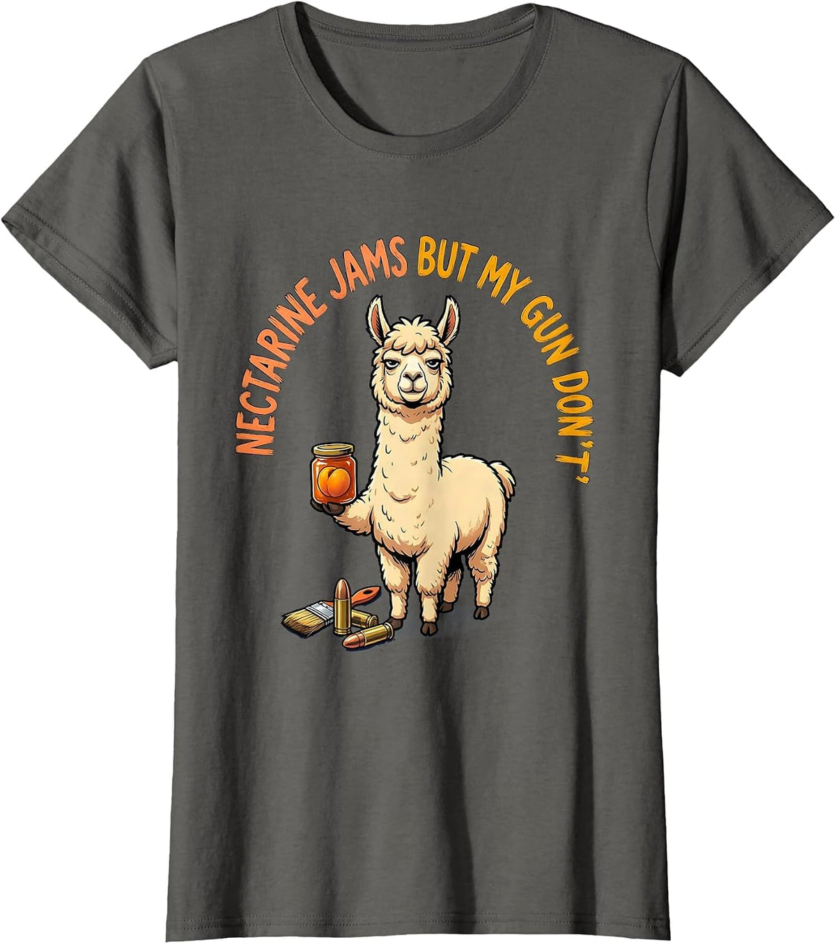 Women's Nectarine Jams But My Gun Don't Funny Llama Gun Lover T-Shirt - Asphalt Grey
