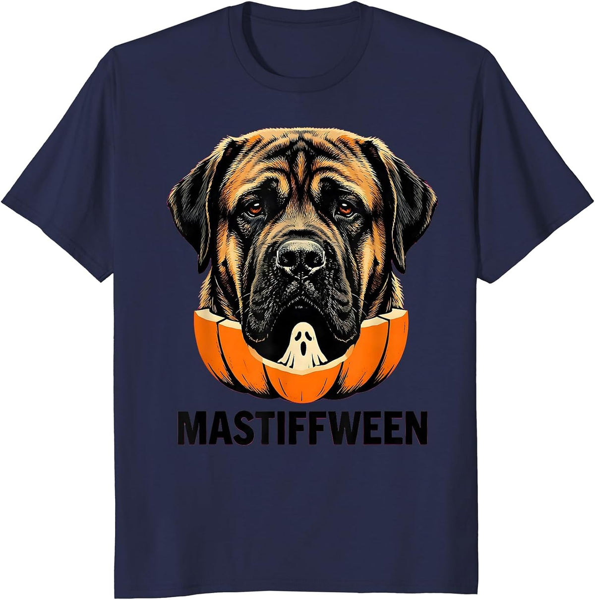 Men's Mastiffween Stencil Graphic Mastiff Dog Halloween Humor T-Shirt - Navy Blue