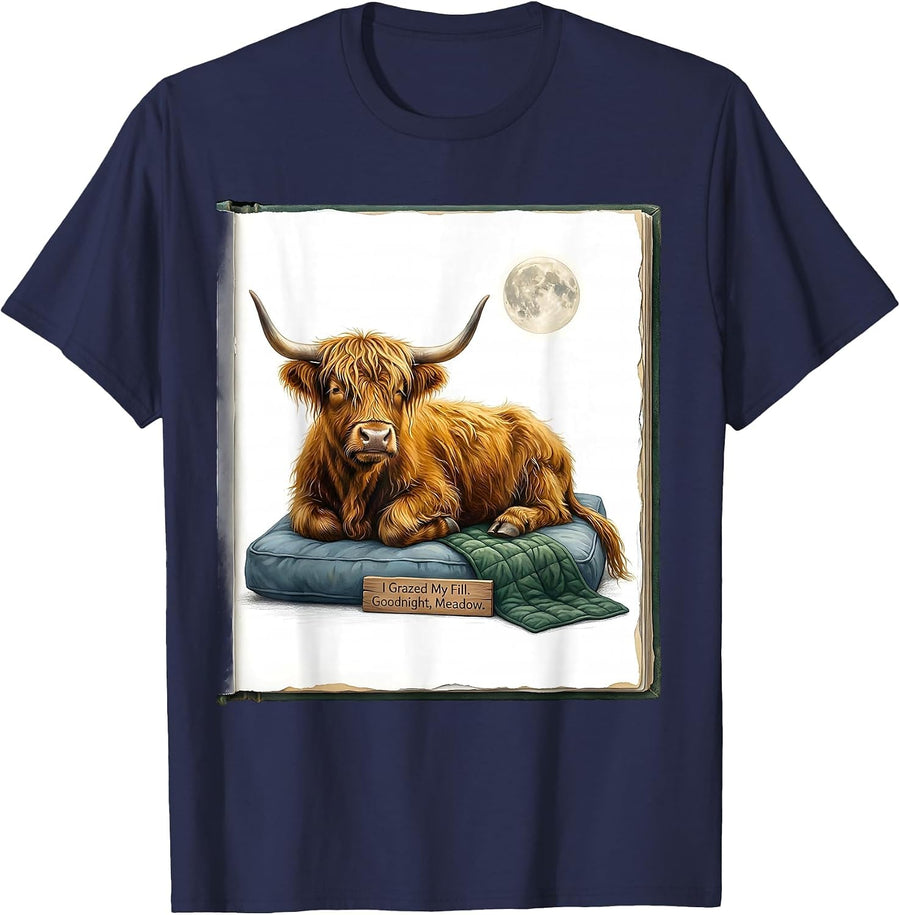 I Grazed My Fill Goodnight Meadow Funny Highland Cow Cozy T-Shirt - Navy Blue