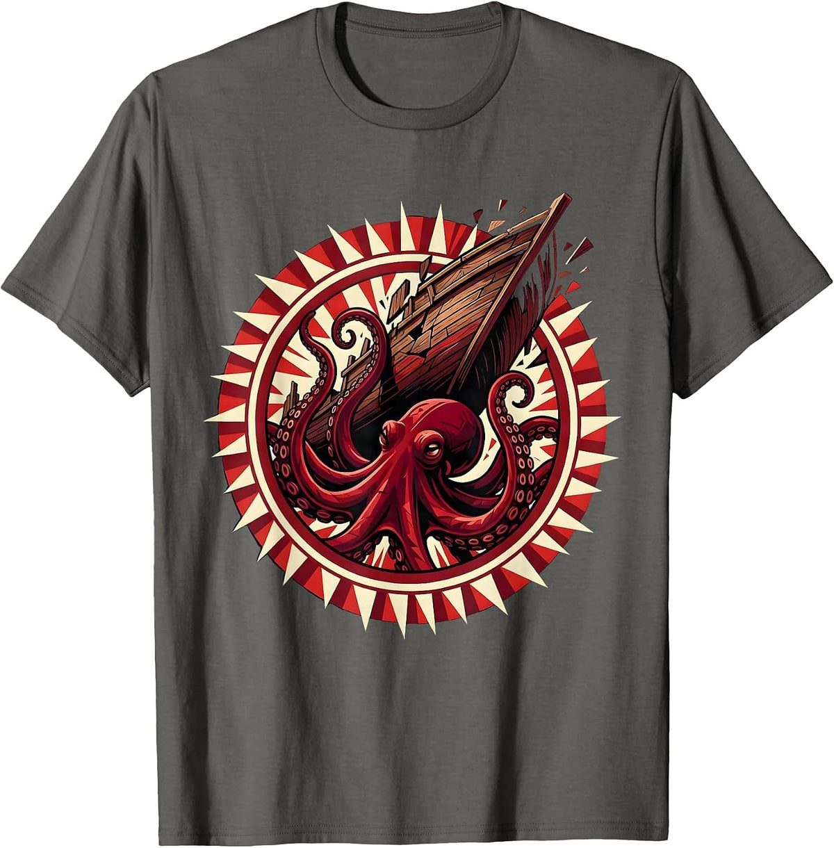 Giant Octopus Attacking Ship Anime Graphic T-Shirt - Asphalt Grey
