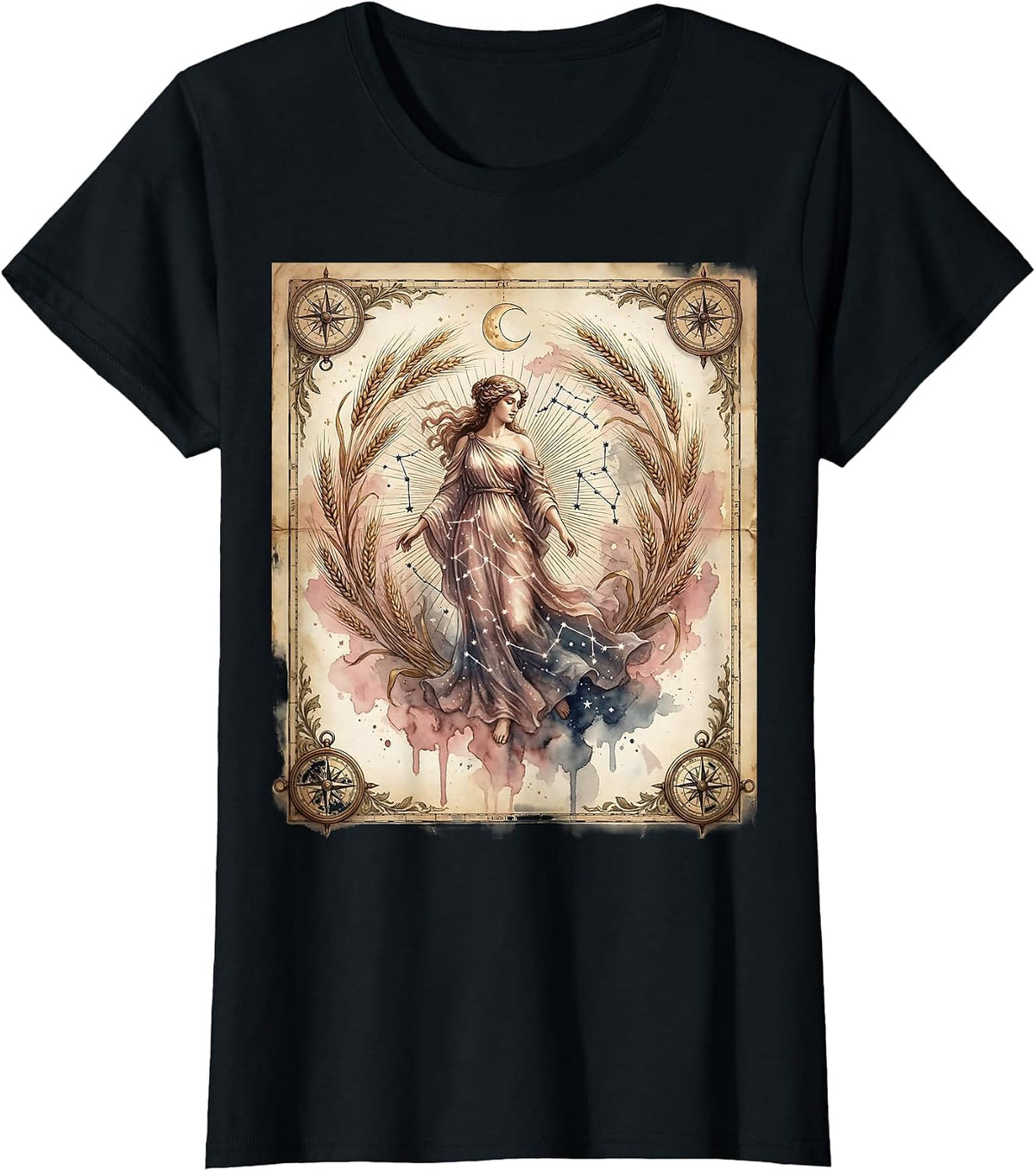 Vintage Celestial Map Virgo Maiden Astrology T-Shirt - Black